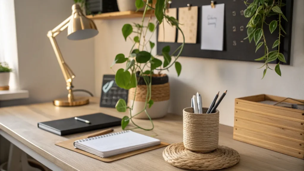 Warm minimalist home office corner with pale oak desk, trailing pothos, brass pen cup, seagrass cord basket, white folders, and matte black lamp and monitor riser.