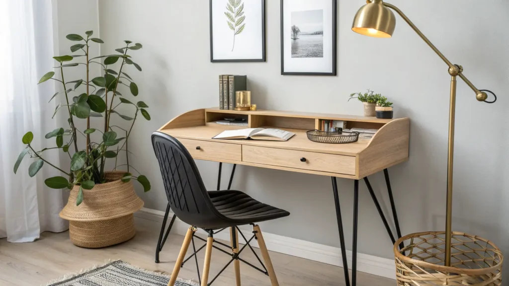 Cozy minimalist study nook with a light oak floating desk, black metal chair, brass task lamp, trailing pothos, notebook tray, and framed print on a pale gray wall in warm golden-hour light.