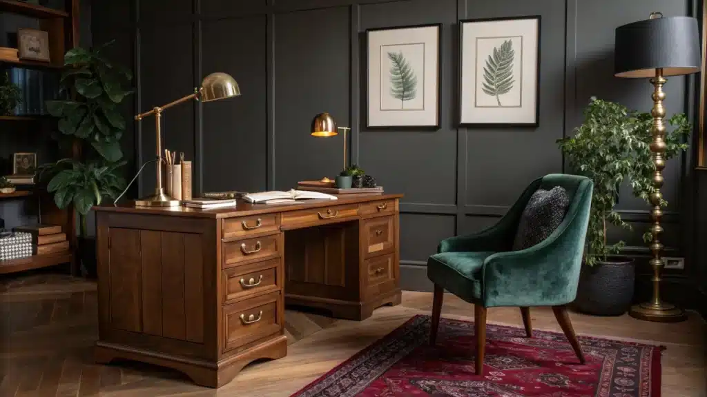 Moody home office with charcoal walls, walnut desk, brass banker’s lamp, emerald velvet chair, Persian rug, snake plant, and botanical wall art in warm golden light.