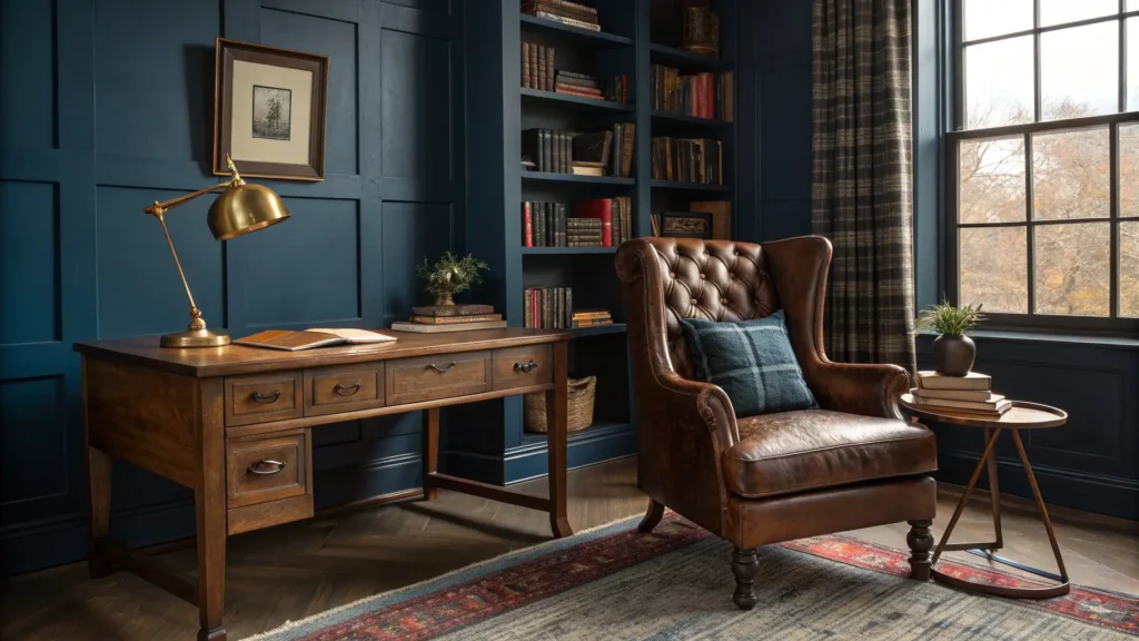 Moody home study with Hague blue walls, walnut desk, cognac leather chair, brass banker’s lamp glow, and shadowed built-in bookshelves.