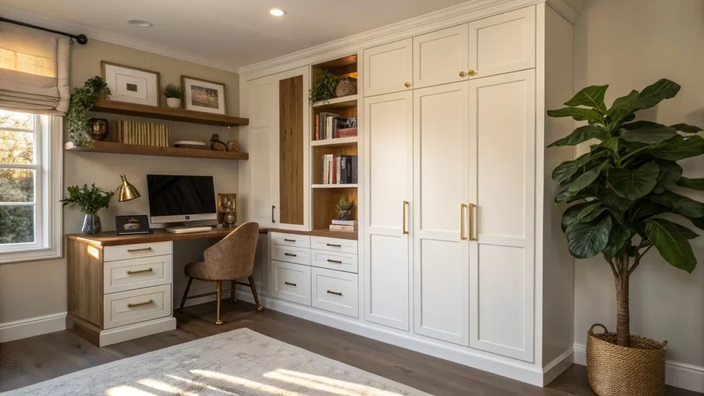 Warm white Murphy bed home office with oak shelves, brass hardware, a fiddle-leaf fig, and golden-hour light.