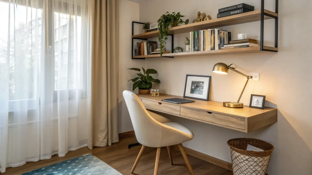 Cozy small study nook with wall-mounted oak desk, ink-blue mat, cream chair, floating shelves with books, pothos, framed print, and warm layered lighting.