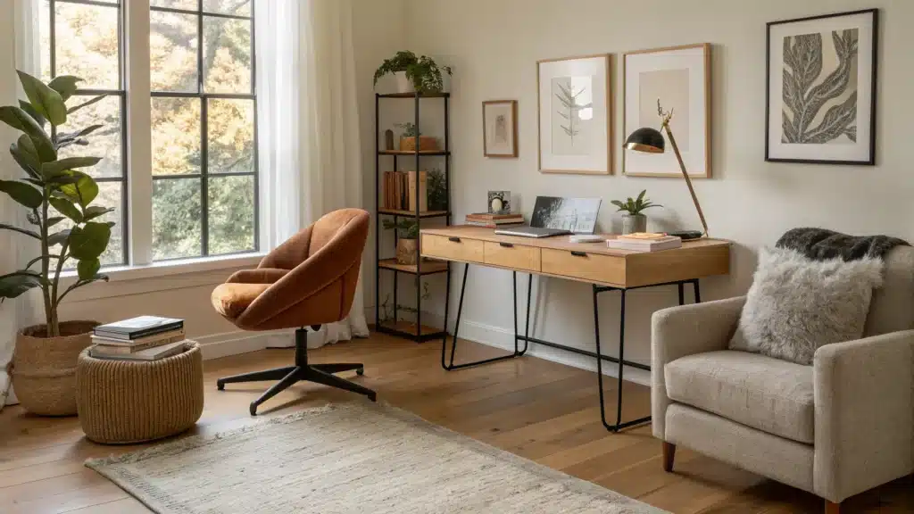 Cozy living room and study combo with light oak floating desk by a tall window, rust boucle swivel chair, taupe sofa on an oatmeal wool rug, warm task lamp, books, plant, and framed art in golden-hour light.
