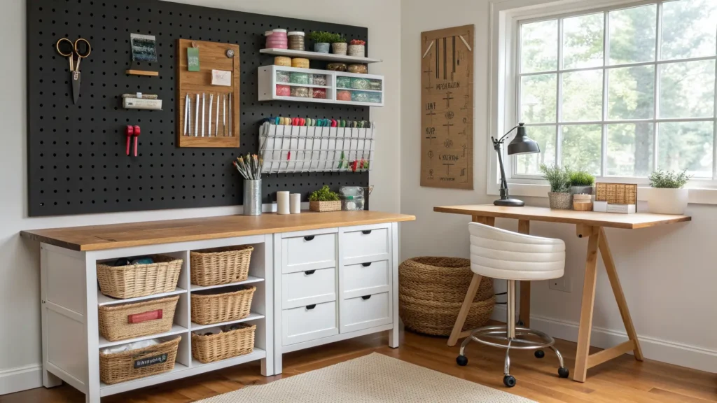 Warm, organized craft room with oak worktop, black pegboard tools, labeled shelves of fabric and jars, rolling cart, rattan stool, and brass task lamp in natural daylight.