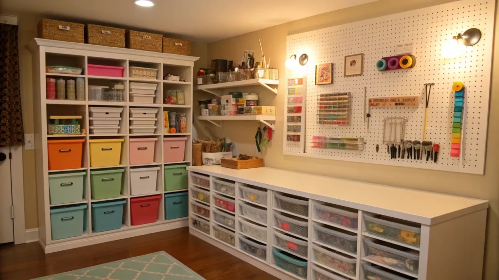 Organized craft room with shelves and labeled storage bins beside a pegboard, lit by warm light
