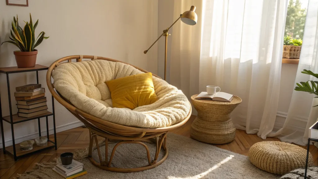 Sunlit reading nook with a rattan papasan chair, cream bouclé cushion, knit throw, mustard pillow, jute rug, brass floor lamp, cane side table with books and a steaming mug, and a snake plant.