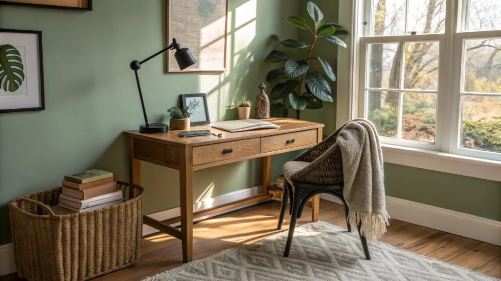 Cozy sunlit home office with sage-green walls, honey-oak desk by a window, warm lamp glow, books and pen cup, botanical print, fiddle-leaf fig, jute rug, and taupe chair with knit throw.