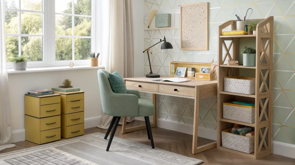 Warm, sunlit children’s study nook with light wood desk, black lamp, sage chair, shelves with labeled bins, geometric accent panel, pothos plant, and oatmeal rug.