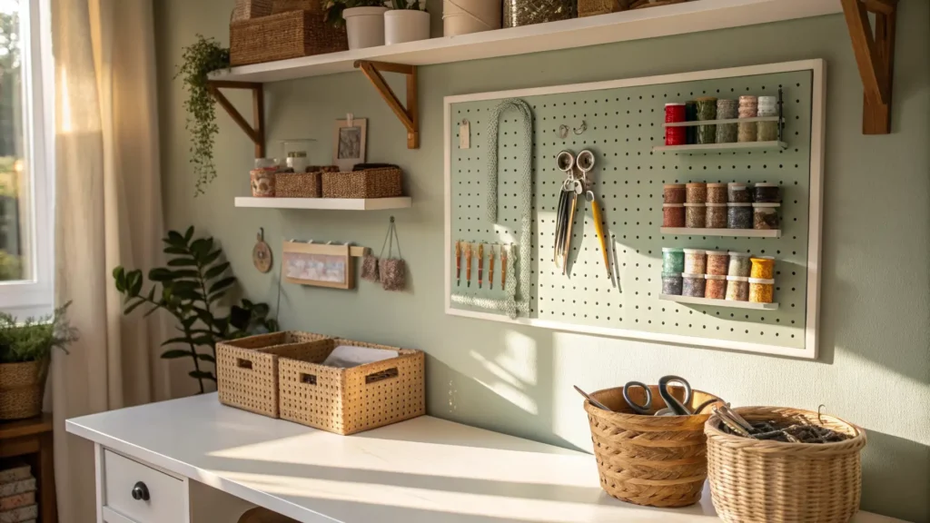 Sunlit craft room with sage-green pegboard holding ribbons, scissors, and baskets above a white desk.