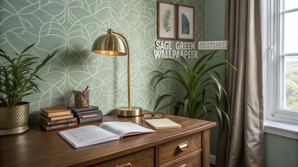 Warm study nook with sage green textured accent wall, walnut desk, brass lamp, open notebook, books, snake plant, and sheer curtains in morning light.