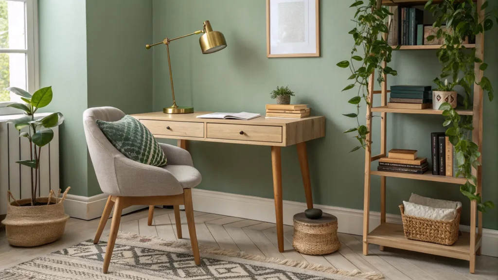 Cozy photorealistic study nook with an oak desk against sage-green walls, brass task lamp, linen chair, floating shelf with books and trailing pothos, and a cream wool rug in warm daylight.