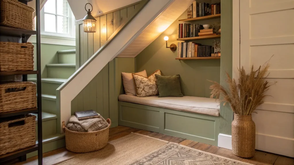 Cozy under-stair reading nook with sage-green sloped walls, built-in cushioned bench, jute rug, angled floating shelves filled with books, ceramic vase with pampas grass, and a glowing brass wall sconce in warm afternoon light.