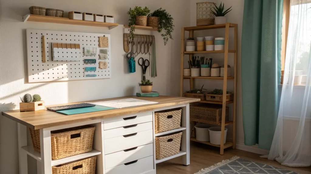 Warm Scandinavian craft studio corner with white desk, SKÅDIS pegboard tools, KALLAX shelves, and morning light over organized supplies.