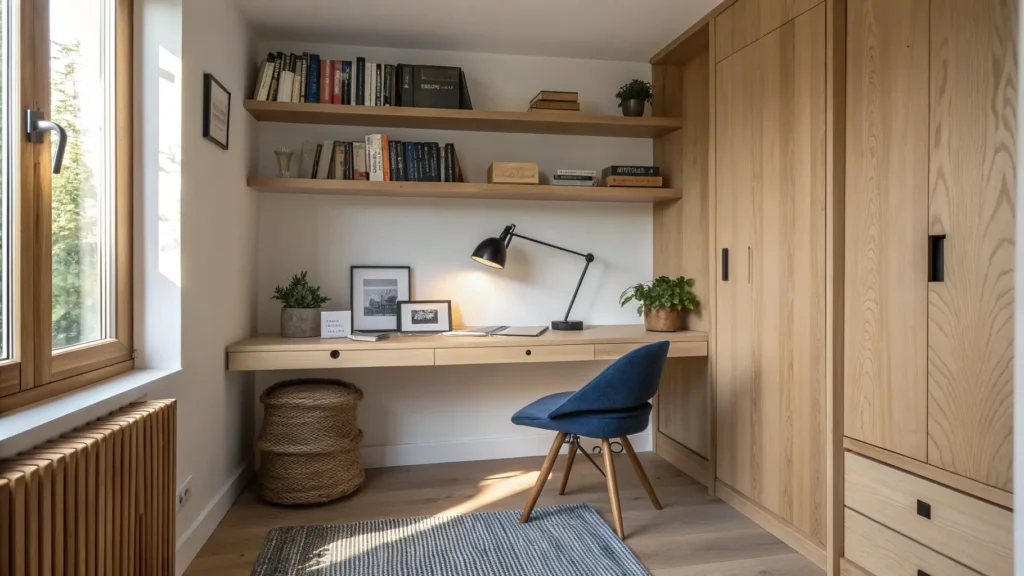 Scandinavian closet study nook with pale oak floating desk and shelves, black task lamp, jute rug, navy cushion chair, books, plant, and warm sunlight.