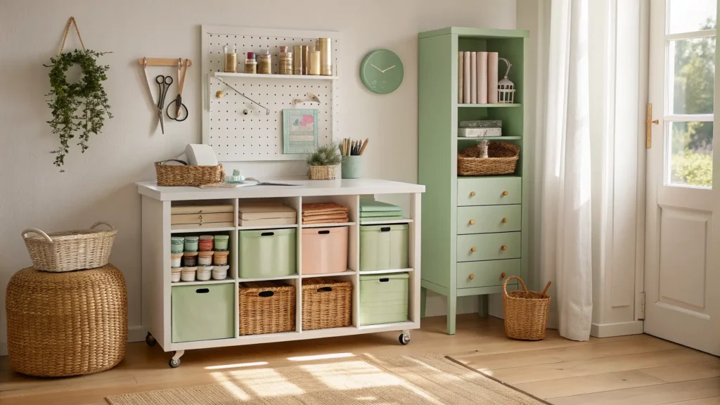 Sunlit Scandinavian craft room with white KALLAX shelf of organized cardstock, SKÅDIS pegboard above desk tools, sage RÅSKOG cart, and woven baskets on oak floor.
