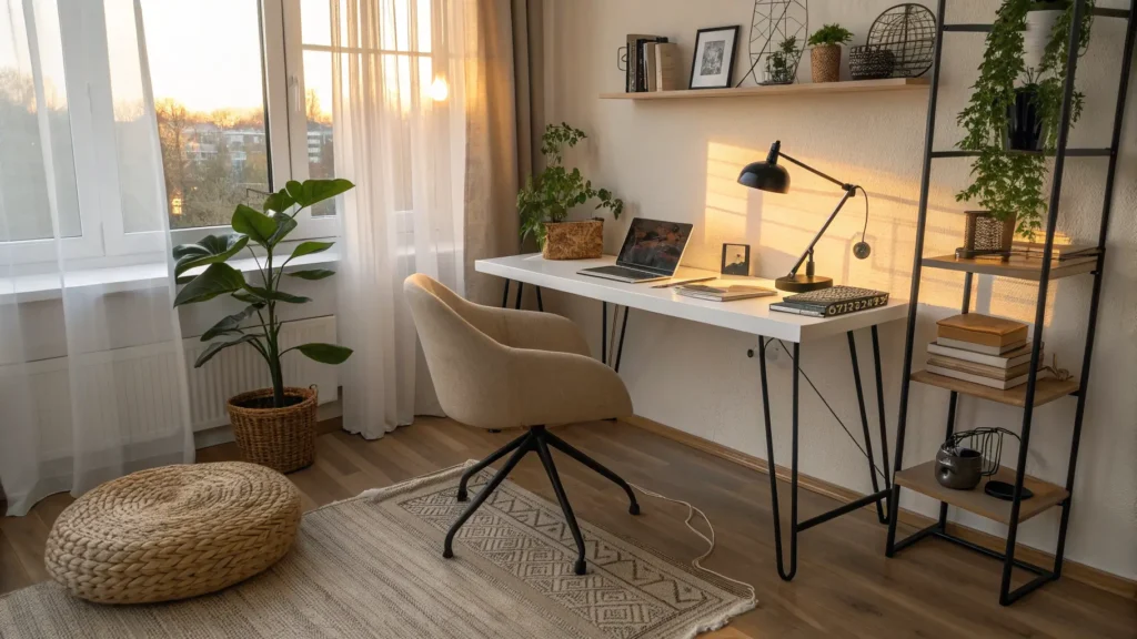 Cozy Scandinavian home office corner with a white desk on black hairpin legs, beige chair, oak shelf with notebooks and pothos plant, warm golden-hour light, and sheer curtains by a tall window.