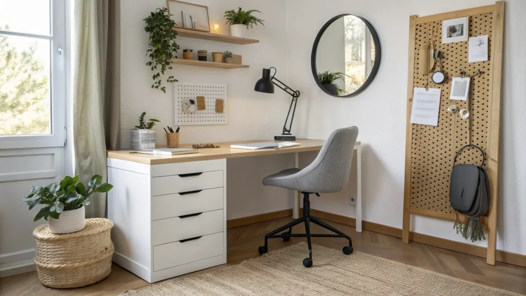Scandinavian home office nook with light oak desk, grey mesh chair, black task lamp, pegboard, sage planter, jute rug, and warm afternoon light