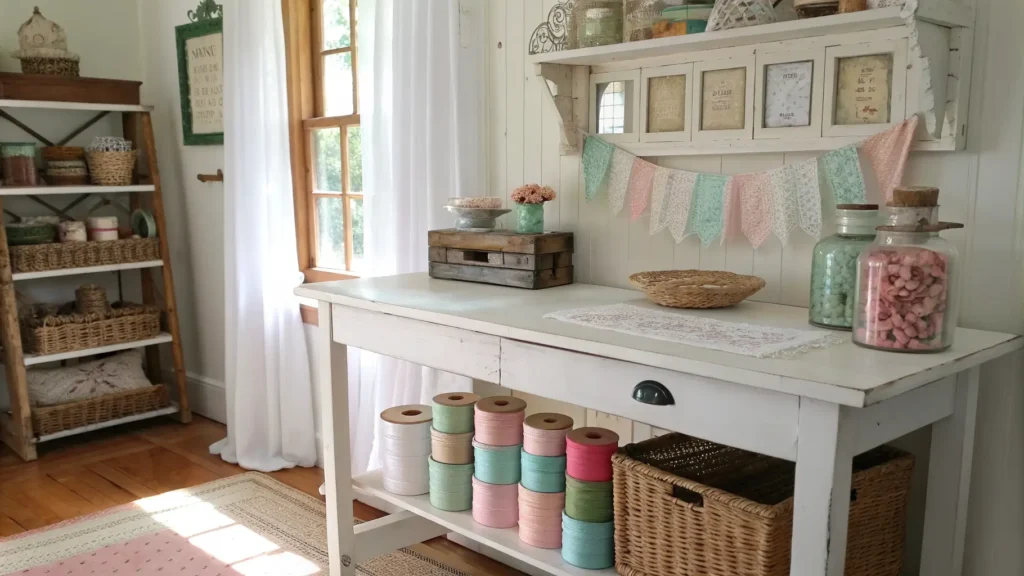 Sunlit shabby chic craft room with a distressed white farmhouse table, pastel ribbons, jars of buttons, and a whitewashed shelf with baskets and fabric swatches.