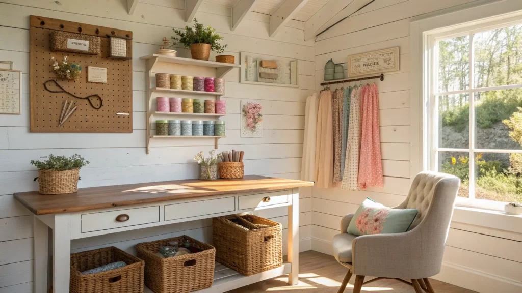 Sunlit she-shed craft room with white plank walls, wooden worktable of pastel fabrics and ribbon, pegboard tools, glass jars of buttons, open shelving with baskets and labeled boxes, slipcovered chair, pothos plant, and brass accents.
