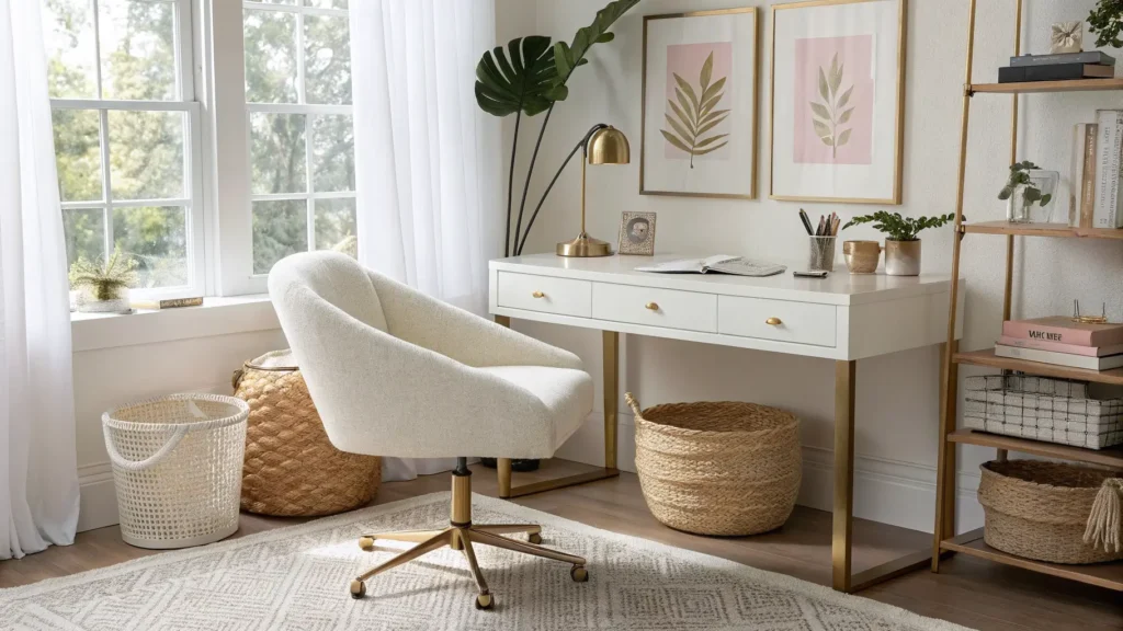 Soft-glam home office with white desk by a sunny window, ivory boucle chair, brass lamp accents, jute rug, pothos plant, and botanical wall print.