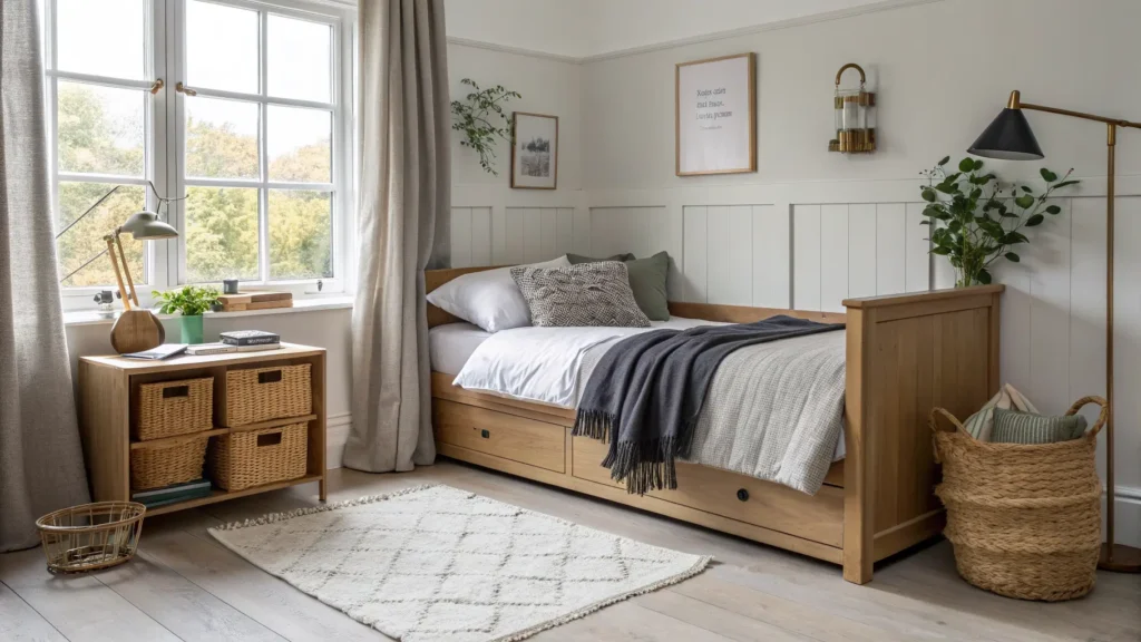 Warm greige study-guest room with pale oak daybed in linen, floating oak desk by a sunny window, brass lamp, jute rug, rattan baskets, and trailing plant.