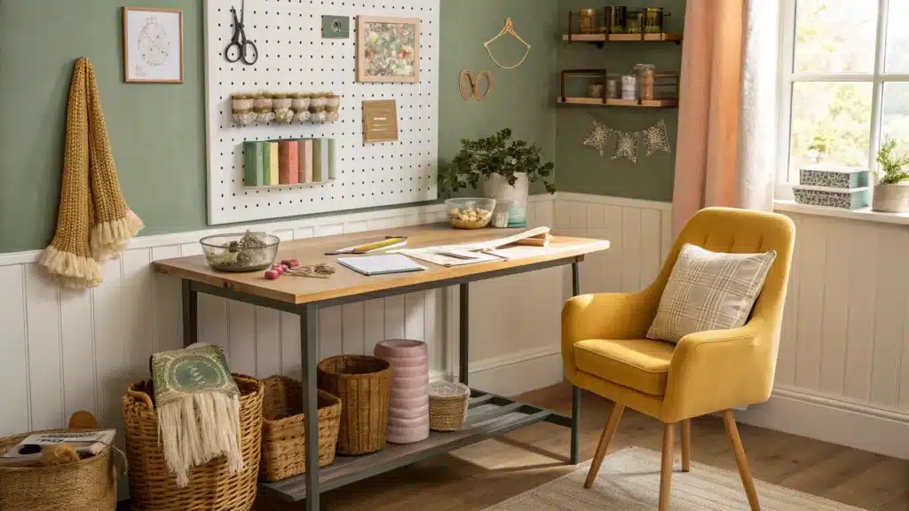 Sunlit craft room corner with a butcher-block table of fabric swatches, a white pegboard with tools, jars and rattan baskets of supplies, and a mustard chair on sage and pink walls.