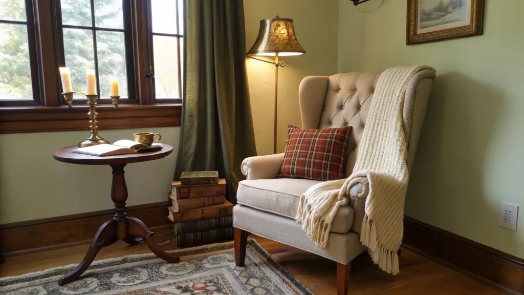 Cozy vintage reading nook with tufted wingback chair, brass lamp, walnut side table with books and steaming mug, Persian rug, olive walls, and sunlit sheer curtains.