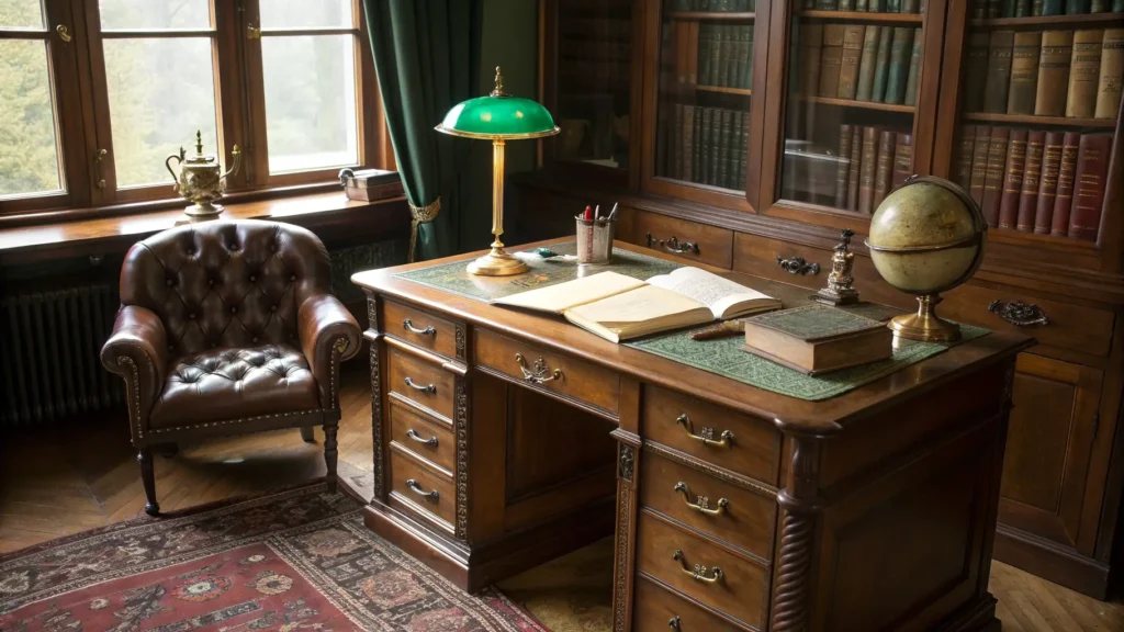 Warm vintage study with mahogany desk, glowing brass banker’s lamp, open leather journal, tufted leather chair, bookcase of leather-bound books, Persian rug, and antique globe in late-afternoon light.
