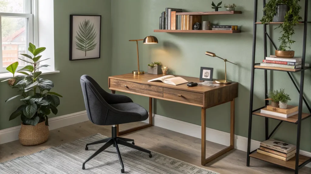 Cozy modern study nook with floating walnut desk, black ergonomic chair, brass lamp, oak shelves with books and pothos, sage-green accent wall, and warm morning light.