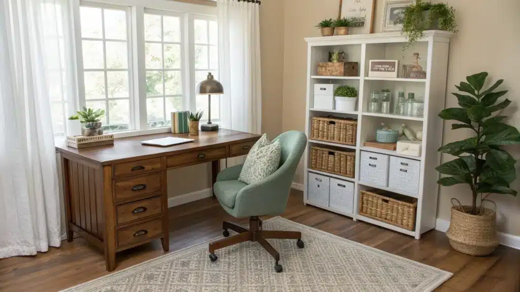 Warm morning-lit home office and craft room with walnut L-shaped desk, drop-leaf craft table, Kallax shelving with woven baskets and labeled bins, fabric and button jars, pothos plant, and gray ergonomic chair with sage pillow.