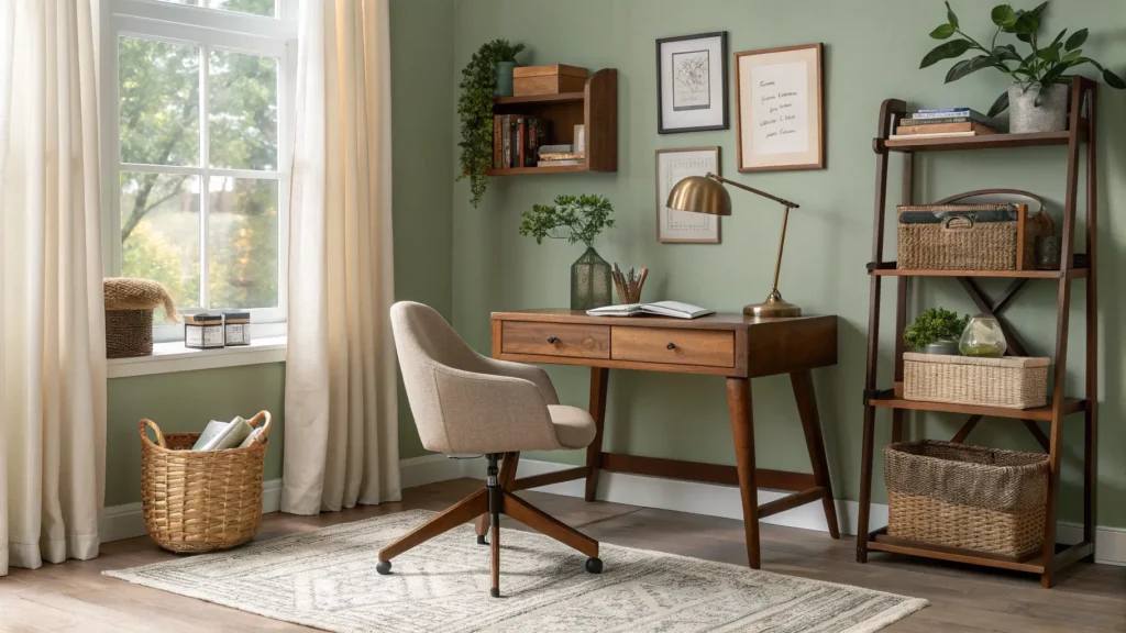 Cozy minimalist study nook with walnut desk by a window, sage accent wall, brass lamp, floating shelves, jute rug, and botanical print in warm golden-hour light