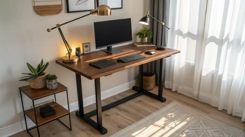 Modern home office with walnut standing desk, dual monitors on arm, brass task lamp, plant, and pen tray in warm golden light.